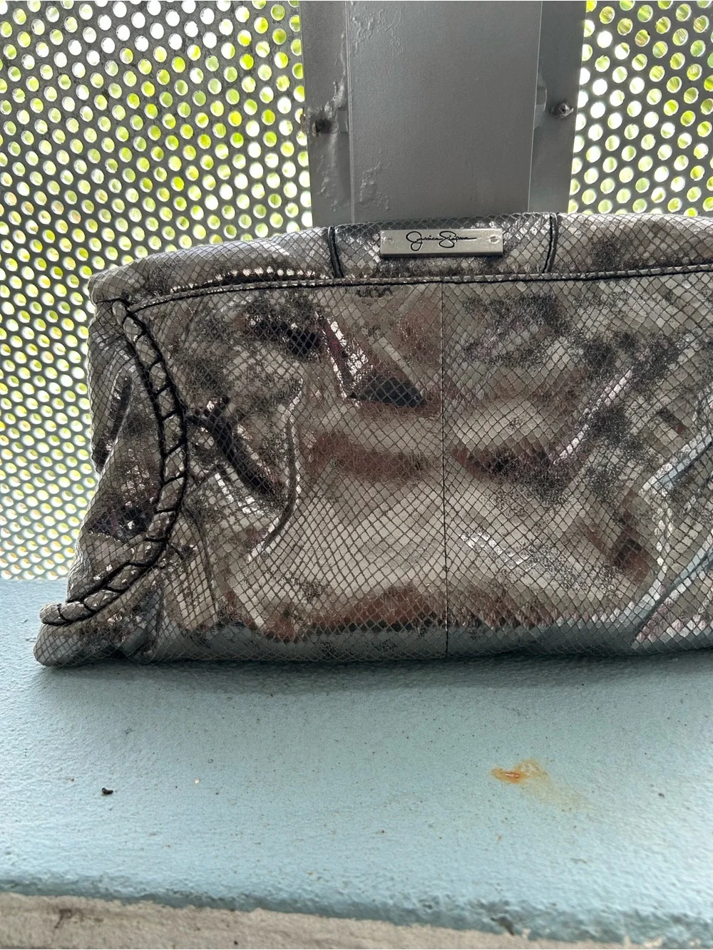 Jessica Simpson Metallic Snake-Effect Foldover Clutch in Gunmetal Bronze